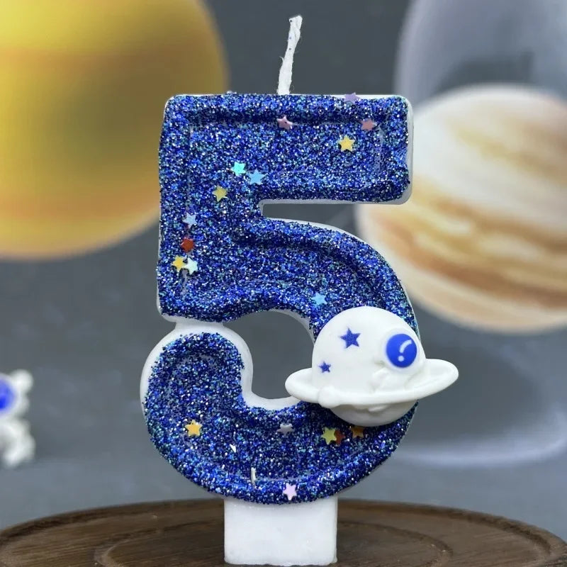 Boys Birthday Number Candle Cake Topper Blue Planetary Universe Children Baby Party One Year Old Dessert Decor Baking Supplies