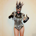 Pearl Rhinestone Bodysuit, Beaded Headpiece & Gloves 3-Piece Stage Costume Set