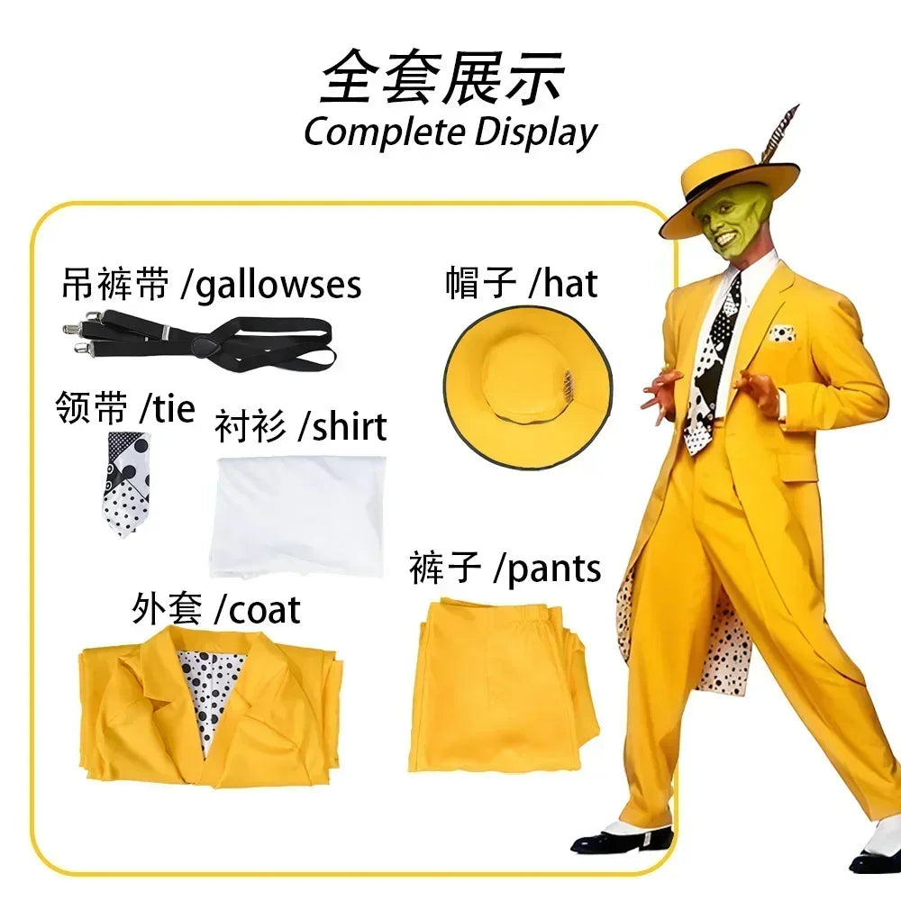 Movie The Mask Cosplay Yellow Uniform with Hat Green Mask Halloween Carnival Party Clown Props Costume - Big Tim's Magic Emporium