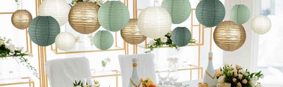 Paper Lanterns Decorations for Rustic Party Bridal Shower Wedding Sage Green Birthday Party Supplies Gold/Ivory/Sage Green 15pcs