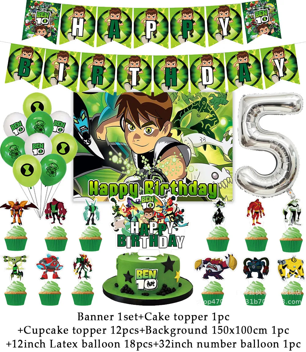 Cartoon Ben-10 Birthday Party Decoration Balloons Favor Set Banner Cake Toppers Baby Shower Boys Gift Party Supplies Photo Prop