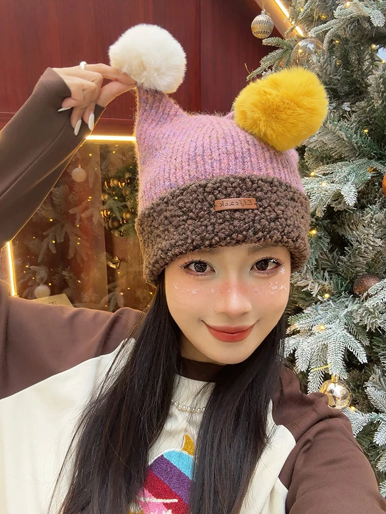 ELFSACK Cute Clown Colorful Pom Pom Warm Knit Beanie For Women - Big Tim's Magic Emporium