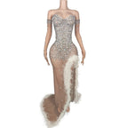 Beige Rhinestone Crystal Floor-Length Illusion Gown & Gloves Stage Costume Set