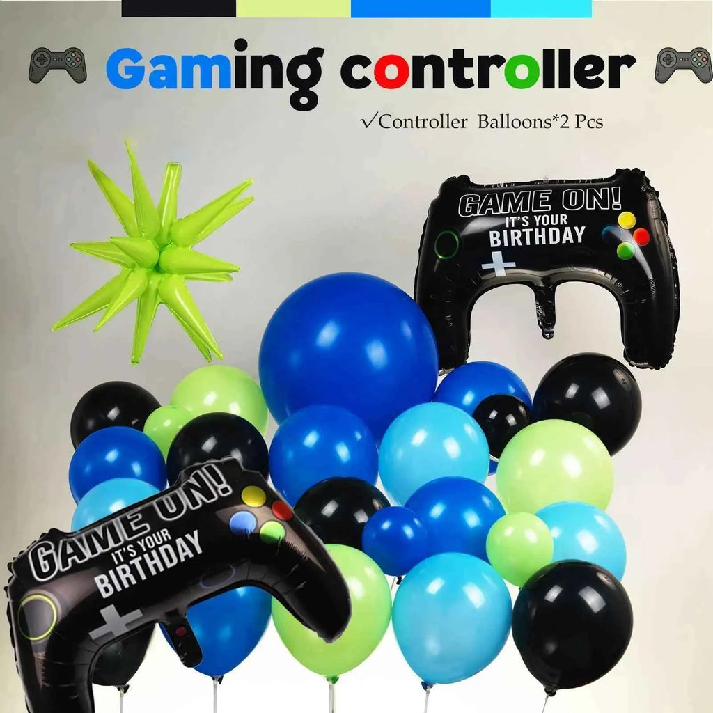 132Pieces Blue Black Green Balloon Set with Starburst Controller for Gamers Night Party Decoration Game Themed Birthday Supplies