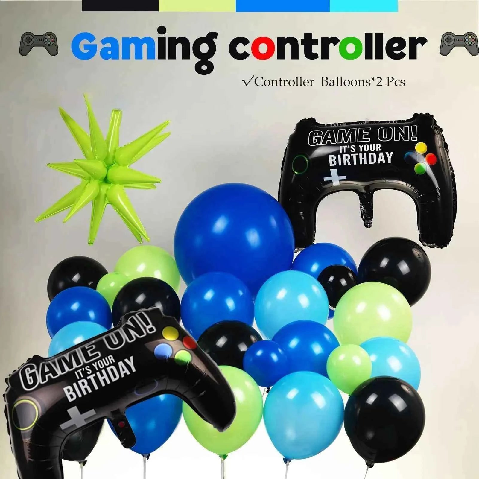 132Pieces Blue Black Green Balloon Set with Starburst Controller for Gamers Night Party Decoration Game Themed Birthday Supplies
