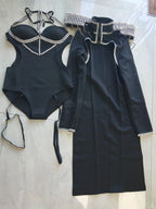 Black Rivet Chain Epaulet Cloak Showgirl Bodysuit Set – Glamour Stage Performance Costume
