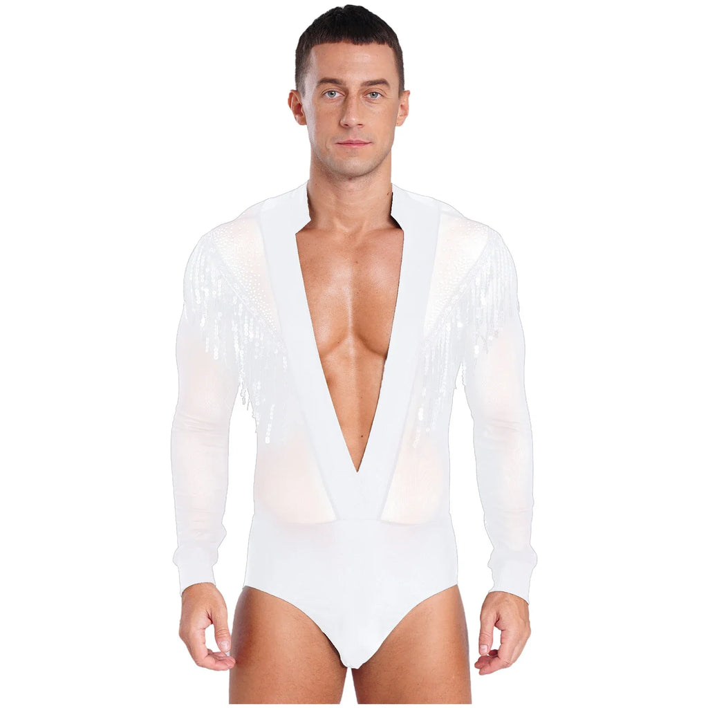 Men's Latin Salsa Sequin Tassel & Rhinestone V-Neck Performance Leotard Bodysuit