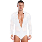 Men's Latin Salsa Sequin Tassel & Rhinestone V-Neck Performance Leotard Bodysuit