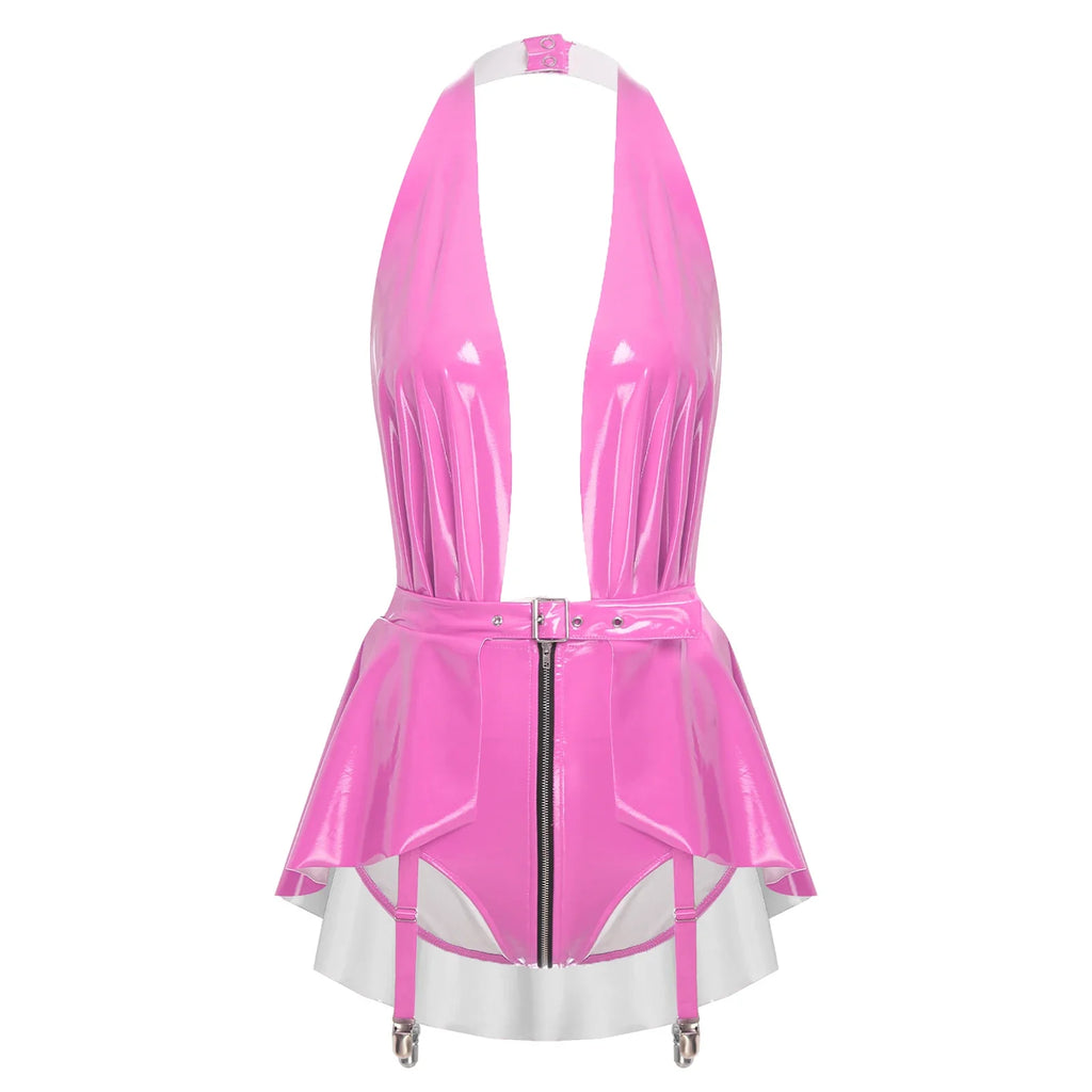 Glossy Wet-Look Halter Romper Bodysuit with Flared Skirt Hem & Integrated Garters
