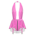 Glossy Wet-Look Halter Romper Bodysuit with Flared Skirt Hem & Integrated Garters