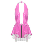 Glossy Wet-Look Halter Romper Bodysuit with Flared Skirt Hem & Integrated Garters