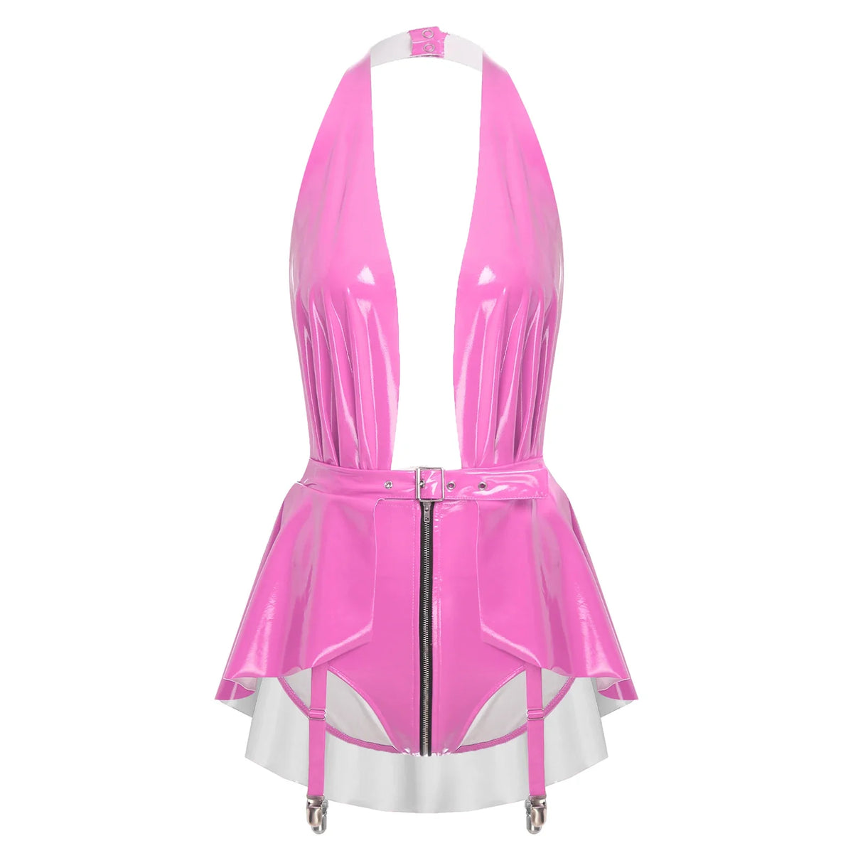 Glossy Wet-Look Halter Romper Bodysuit with Flared Skirt Hem & Integrated Garters