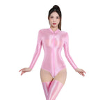 Zipper Open Crotch High Cut Oil Glossy Bodysuit Satin Sheer Maid Leotard