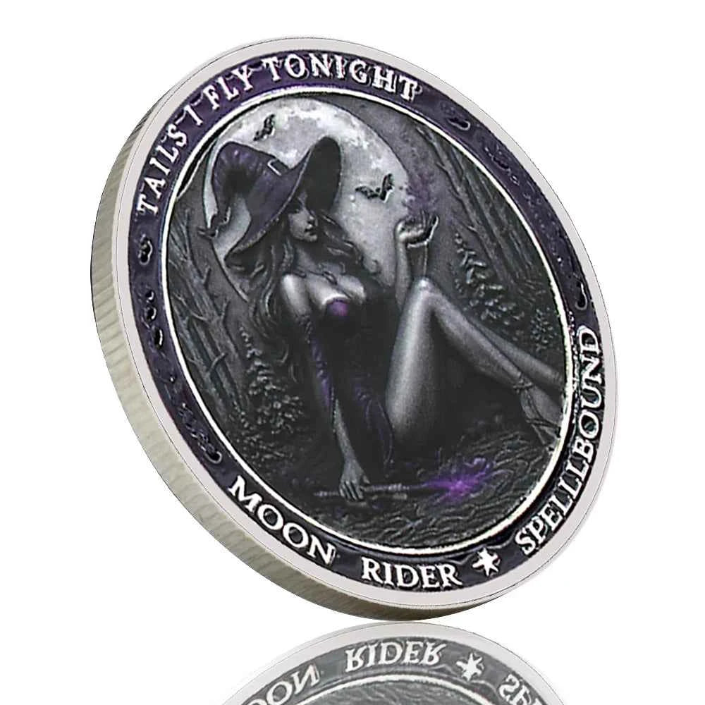 Tails I Fly Tonight" Witch Challenge Coin – Moon Rider Spellbound Collectible, 40mm Fantasy Magic Coin Gift
