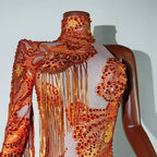 Leopard Sequin Fringe Asymmetrical Bodysuit One-Sleeve Stage Performance Costume