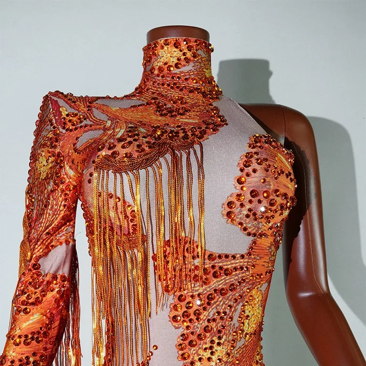 Leopard Sequin Fringe Asymmetrical Bodysuit One-Sleeve Stage Performance Costume