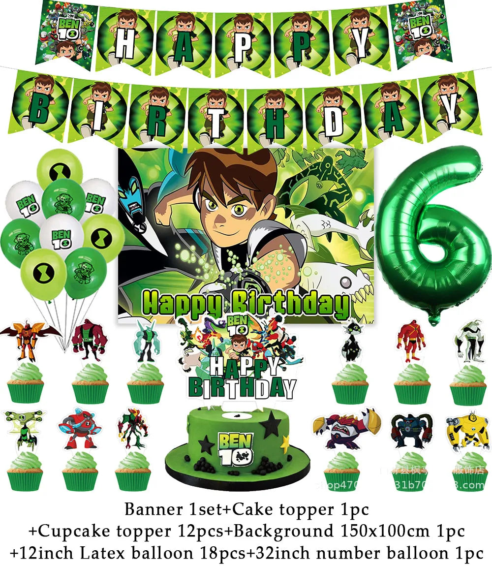 Cartoon Ben-10 Birthday Party Decoration Balloons Favor Set Banner Cake Toppers Baby Shower Boys Gift Party Supplies Photo Prop