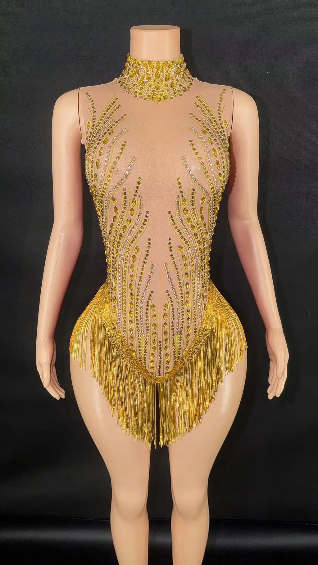 Sparkly Rhinestone, Sequin & Fringe Sleeveless Bodysuit Stage Performance Costume