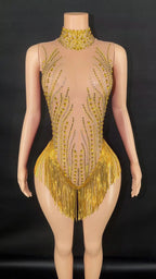 Sparkly Rhinestone, Sequin & Fringe Sleeveless Bodysuit Stage Performance Costume