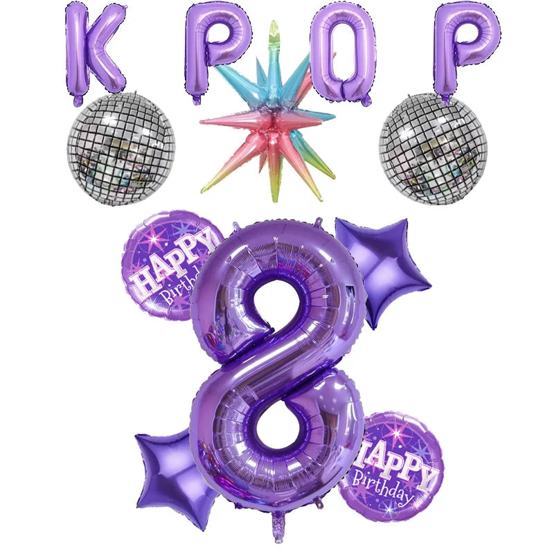 12pc themed party balloon, 32 inch purple digital balloon, KPOP paired with purple birthday balloon and star shaped balloon.