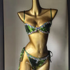 Emerald Green Rhinestone String Bikini Set Crystal Costume Set Beach Pool Party