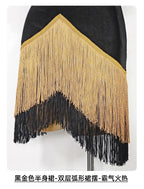 Black High-Neck Short-Sleeve Bodysuit & Gold Fringe Skirt Latin Dance Costume Set