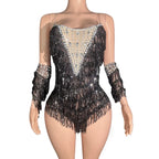 Sparkly Black Sequin & Rhinestone Tassel Bodysuit with Gloves Stage Costume