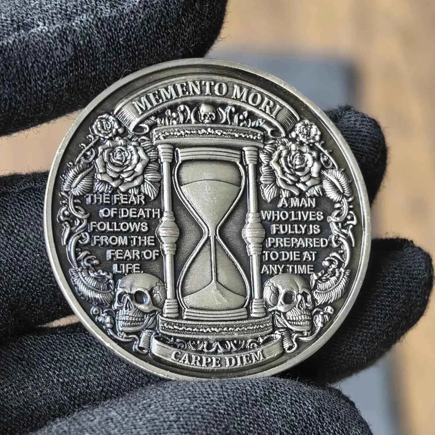 Memento Mori Challenge Coin - Skull & Hourglass Design, Carpe Diem, Roman Numerals, Motivational Coin for Life Reminders