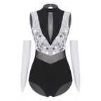Sparkly Sequin Mock Neck Dance Leotard & Gloves Two-Piece Bodysuit Set