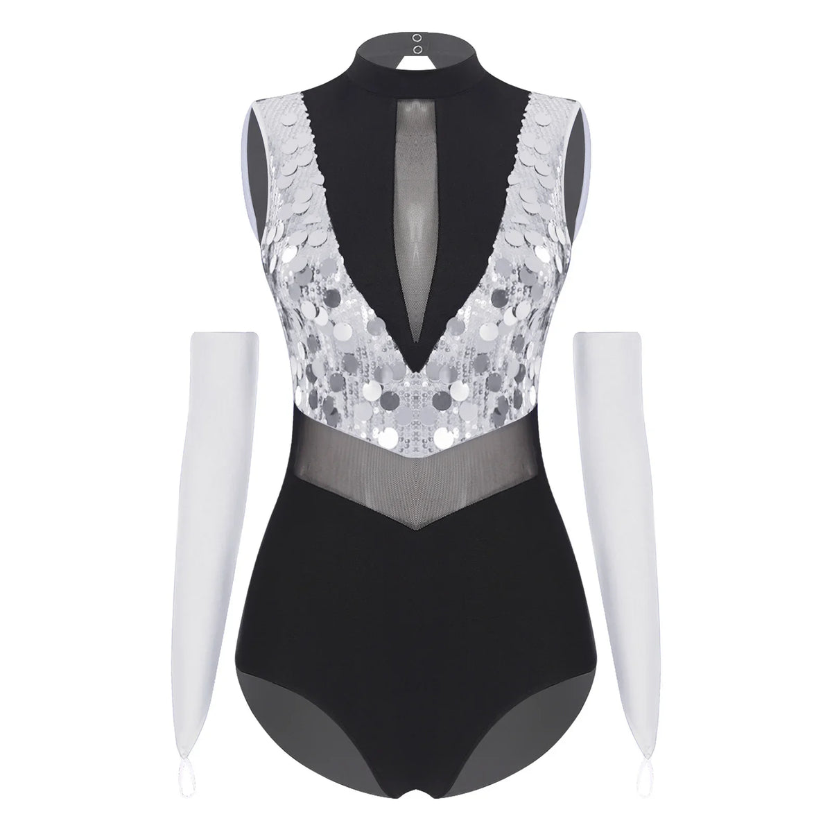 Sparkly Sequin Mock Neck Dance Leotard & Gloves Two-Piece Bodysuit Set