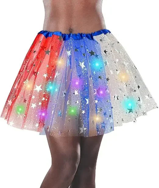 Light Up Layers 4th of July Star Independence Day American Flag Tutu for Women Adult Birthday Soft Princess Glow Party Supplies