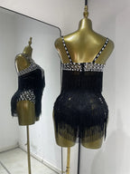 Women Black Bright Rhinestones Tassel Stretchy Mesh Thigh High Leotard Pole Dance Costumes Evening Party Club DJ Gogo Dress