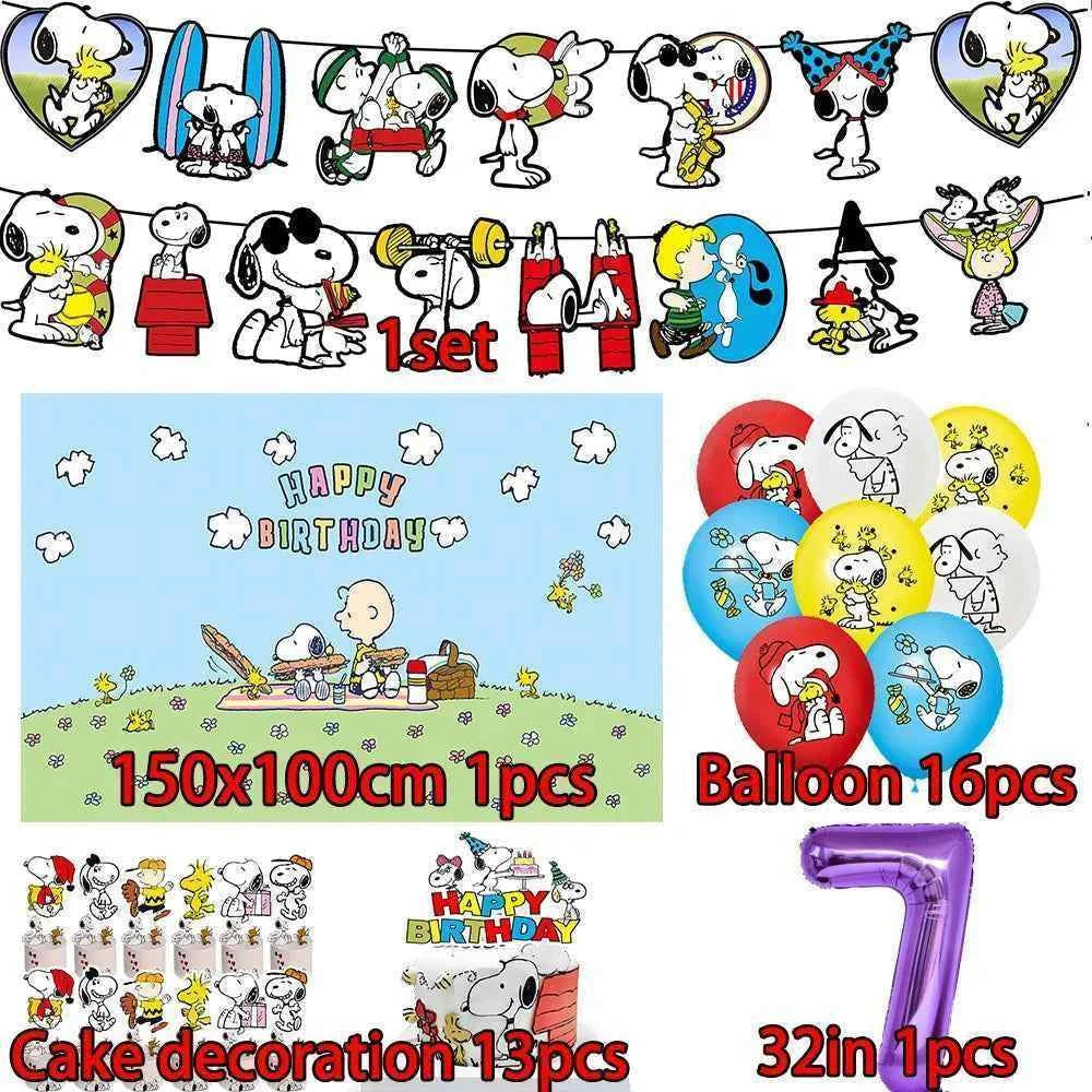 Cartoon Snoopys Birthday Decoration Set Banners Cake Toppers Balloons Backdrops Kids Birthday Gifts Baby Shower Party Supplies