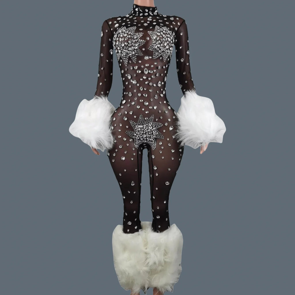 Sparkly Rhinestone & Feather Cuffed Jumpsuit Stage Performance Catsuit Costume