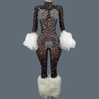 Sparkly Rhinestone & Feather Cuffed Jumpsuit Stage Performance Catsuit Costume