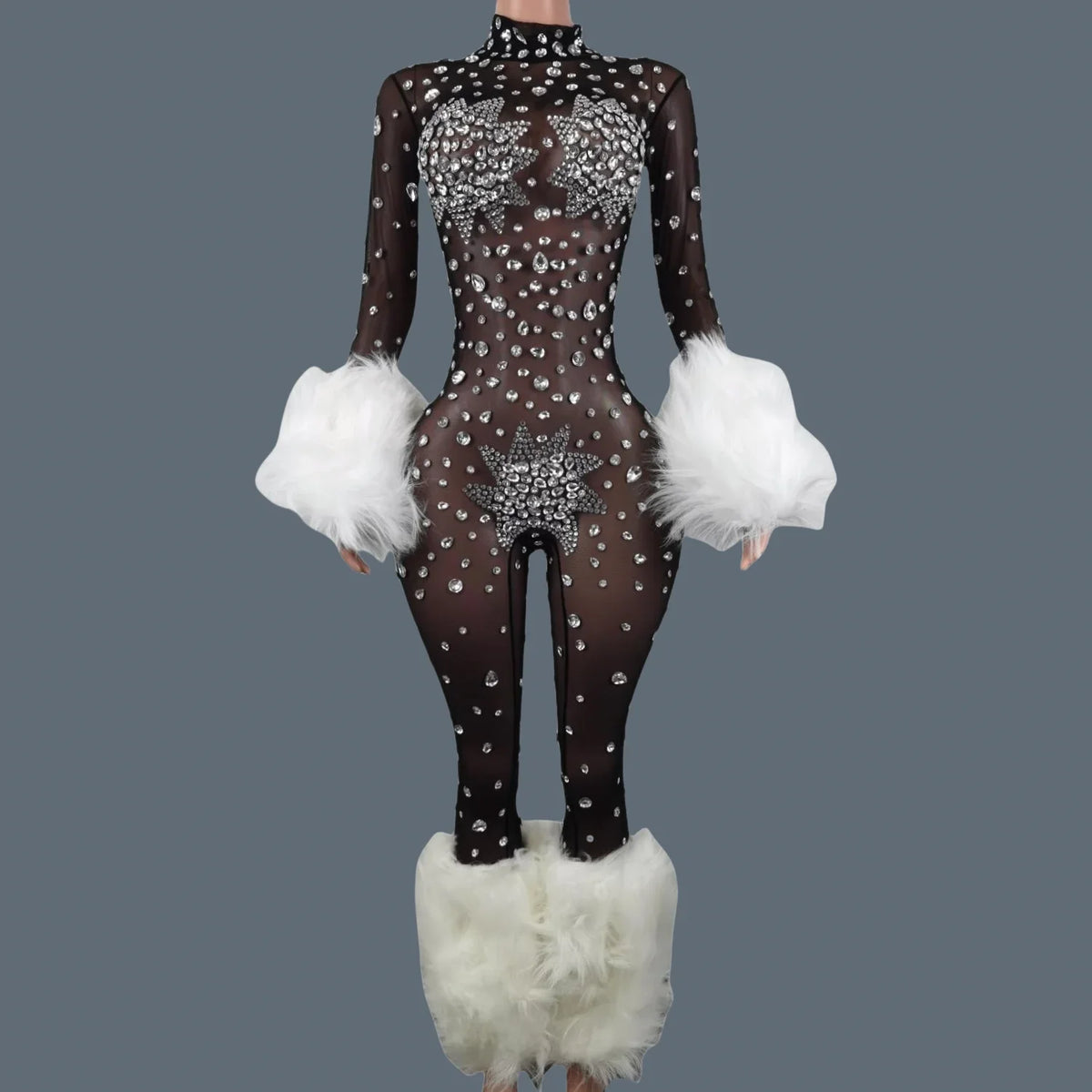 Sparkly Rhinestone & Feather Cuffed Jumpsuit Stage Performance Catsuit Costume