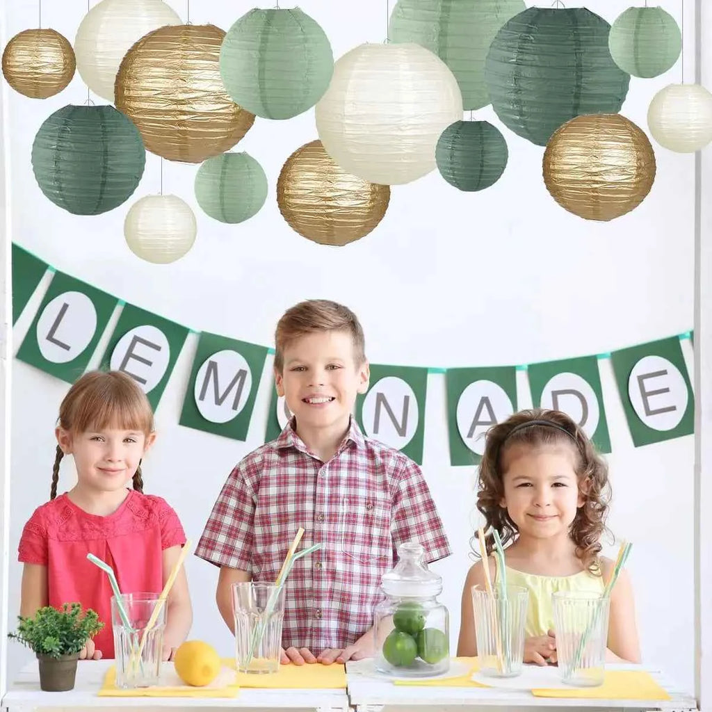 Paper Lanterns Decorations for Rustic Party Bridal Shower Wedding Sage Green Birthday Party Supplies Gold/Ivory/Sage Green 15pcs