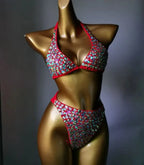 Nightclub Bar Sexy Disco Pole Dance Crystal Bikini Costume DJ Dancer Club Party Rave Outfit Pink Rhinestones Bra Set Stage Wear
