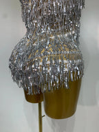 Sparkly Rhinestone Tassel Backless Mesh Bodysuit Luxury Stage Performance Costume