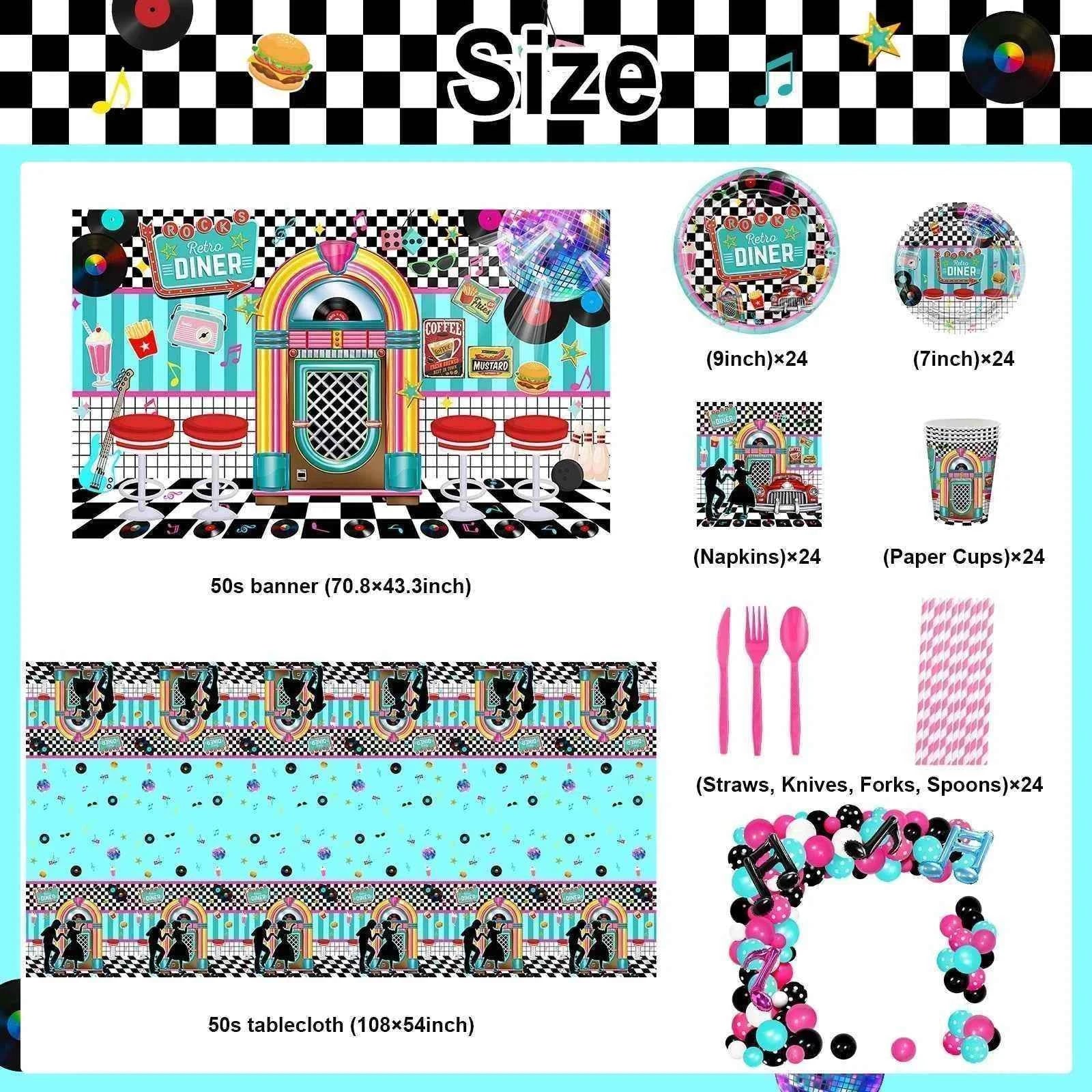 280 Pieces 50s Themed Party Decorations 50s Background Disco Balloon Arch Tableware 50s Music Party Supplies Photo Booth Props