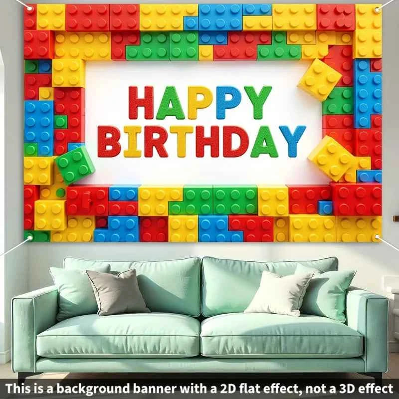 1Birthday Party Banner - Building Block Letters“Happy Birthday”Design，Building Block Style Party Decoration，Birthday，wsj