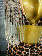 Women's Leopard Print Diamond Chain 2-Piece Bodycon Set | Slim Sequin Outfit for Nightclub & Stage