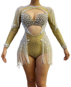 The Stardust Diamond Cutout Bodysuit – Luxury Rhinestone & Pearl Fringe Showgirl Costume