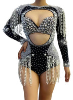 The Stardust Diamond Cutout Bodysuit – Luxury Rhinestone & Pearl Fringe Showgirl Costume