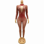 Crimson Red Rhinestone Catsuit Long Sleeve Illusion Stage Performance Jumpsuit