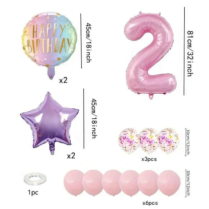 Pink Birthday Party Balloon Set, Includes 40inch Numbers 1-6 and 18inch Light Purple and Red Star-Shaped Foil Balloons, Suitable for Birthday, Wedding, and Other Party Decorations and Celebration Photo Props