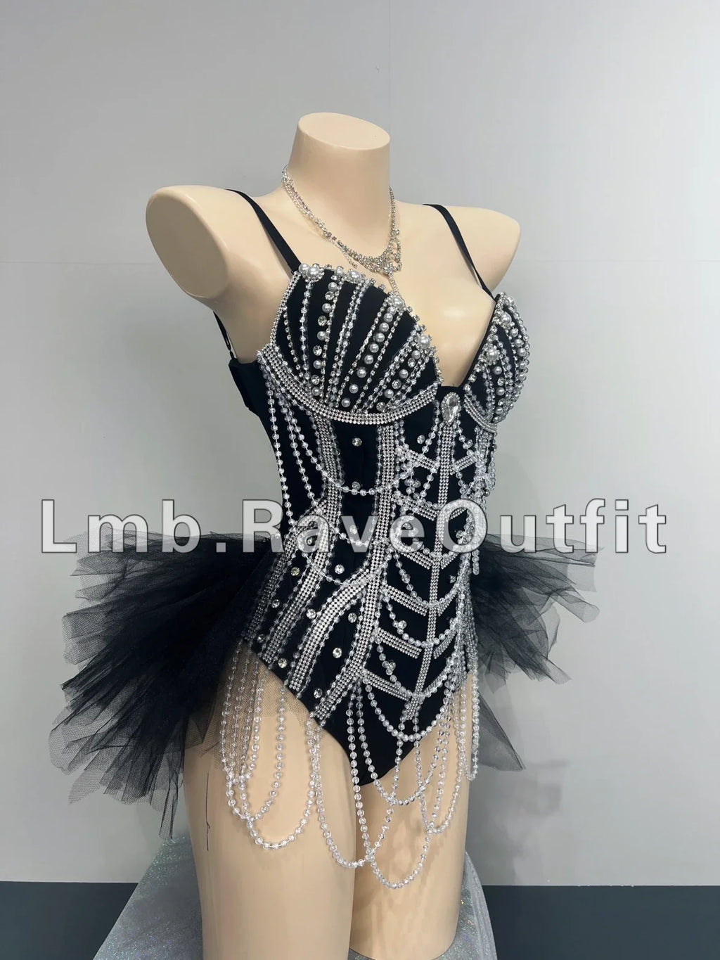 Black Beaded Chain Fringe Showgirl Bodysuit – Glamour Stage & Festival Performance Costume