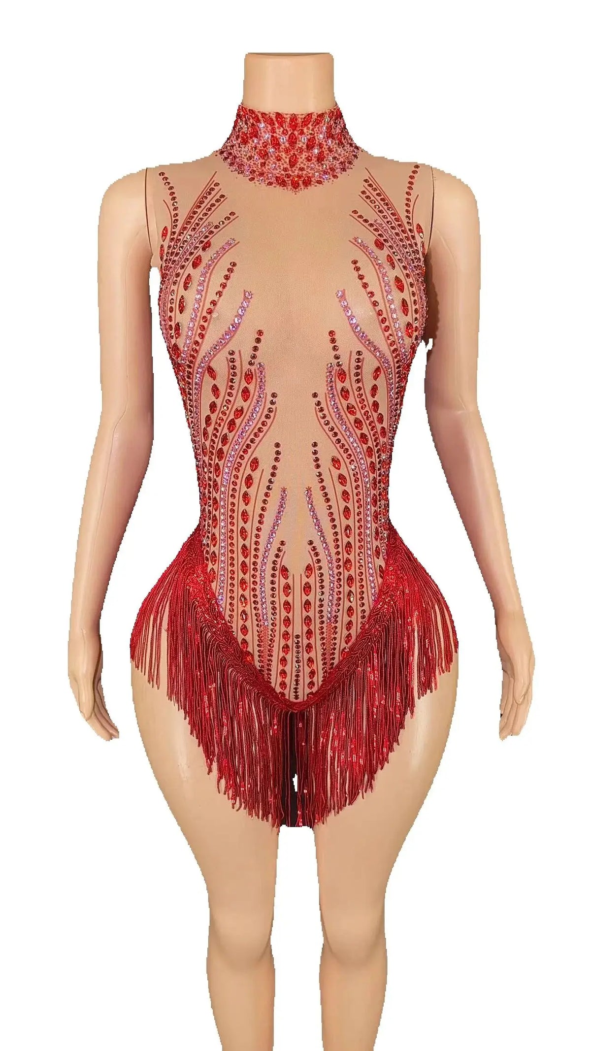 Sparkly Rhinestone, Sequin & Fringe Sleeveless Bodysuit Stage Performance Costume