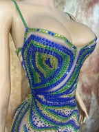 Sparkly Green Rhinestone Strip Split Maxi Dress Sheer Mesh Stage Performance Costume