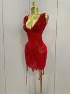 Vintage-Inspired Sparkly Rhinestone Mesh V-Neck Party Dress